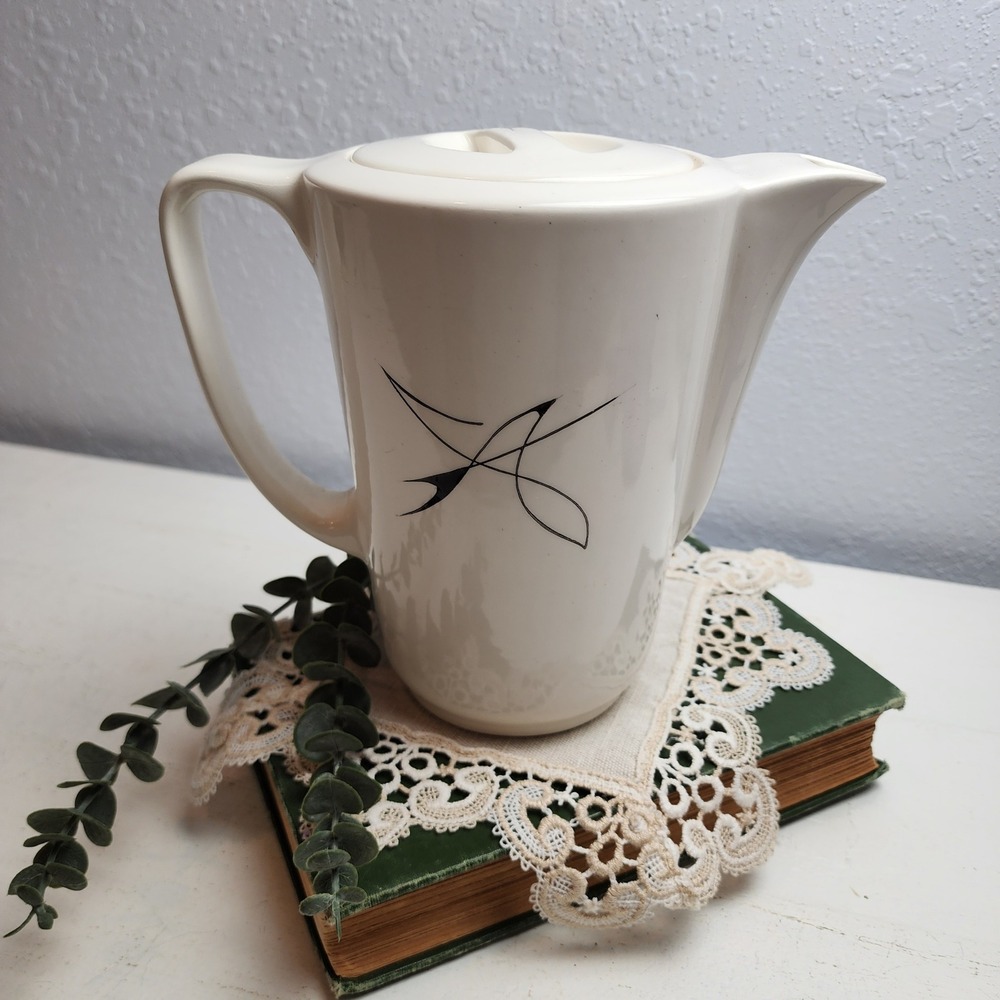 Vintage MCM Black & White Royal China USA Ceramic Pitcher w/Abstract Bird Design
